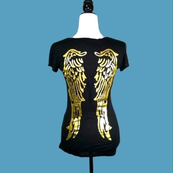 Dom Rebel Women's Tee-Shirt Size M Gold Angel Wing by Justin Svatina Black - Picture 2 of 4